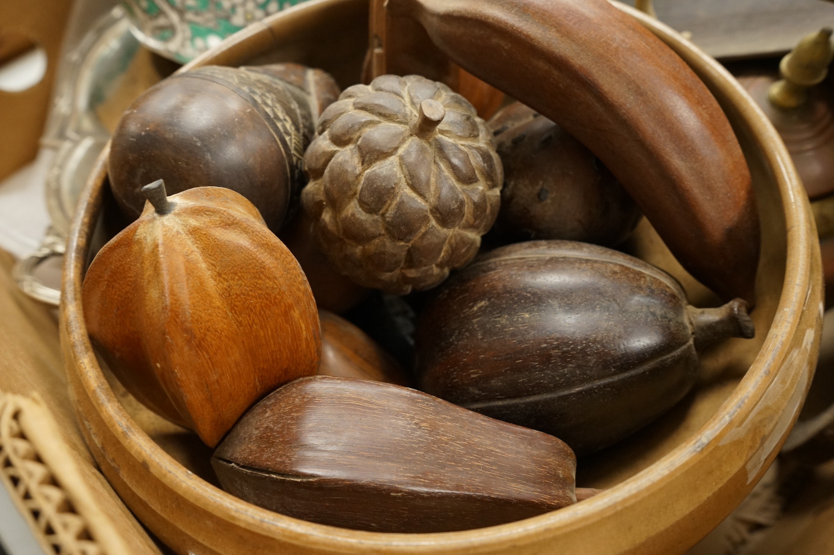 Sundry items to include carved wooden fruit, metalware and a Chinese jar. Condition - varies